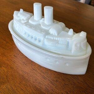 Antique Flaccus Milk Glass Battleship Covered Mustard Condiment Dish White